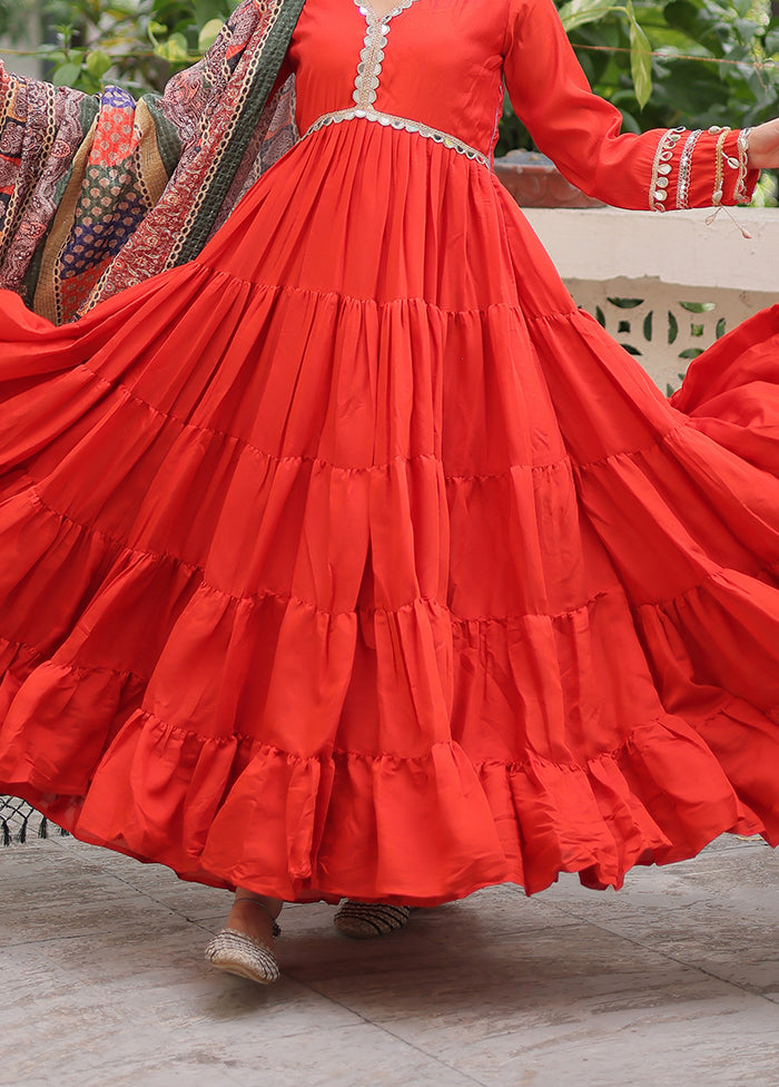 Red Printed Work Silk Gown With Dupatta Set