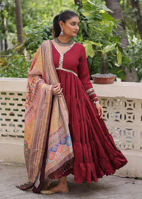 Maroon Printed Work Silk Gown With Dupatta Set