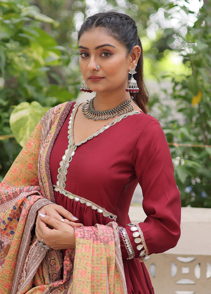 Maroon Printed Work Silk Gown With Dupatta Set