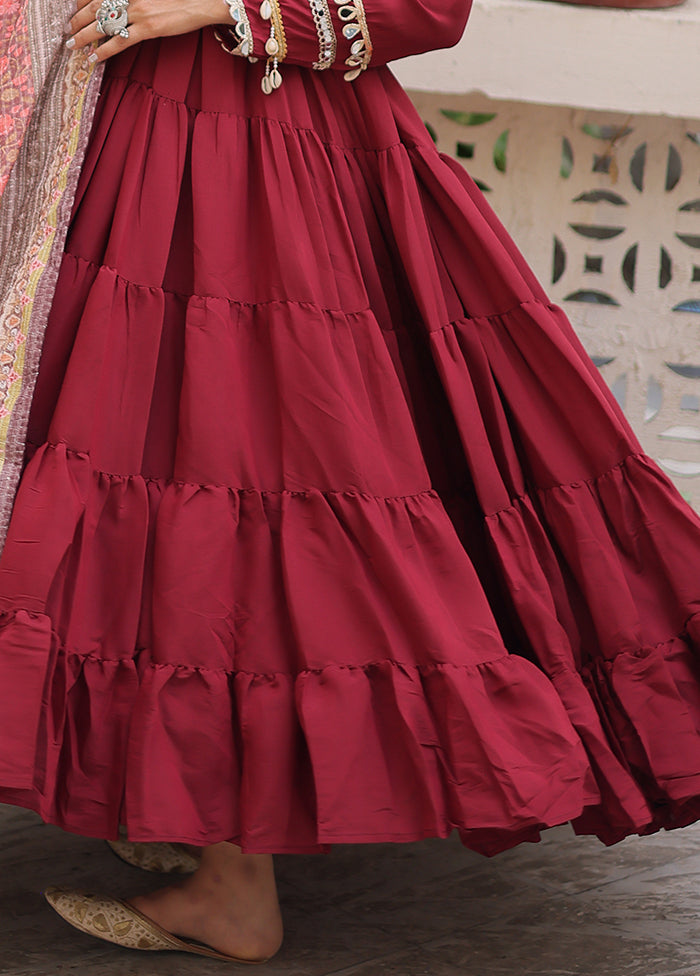 Maroon Printed Work Silk Gown With Dupatta Set