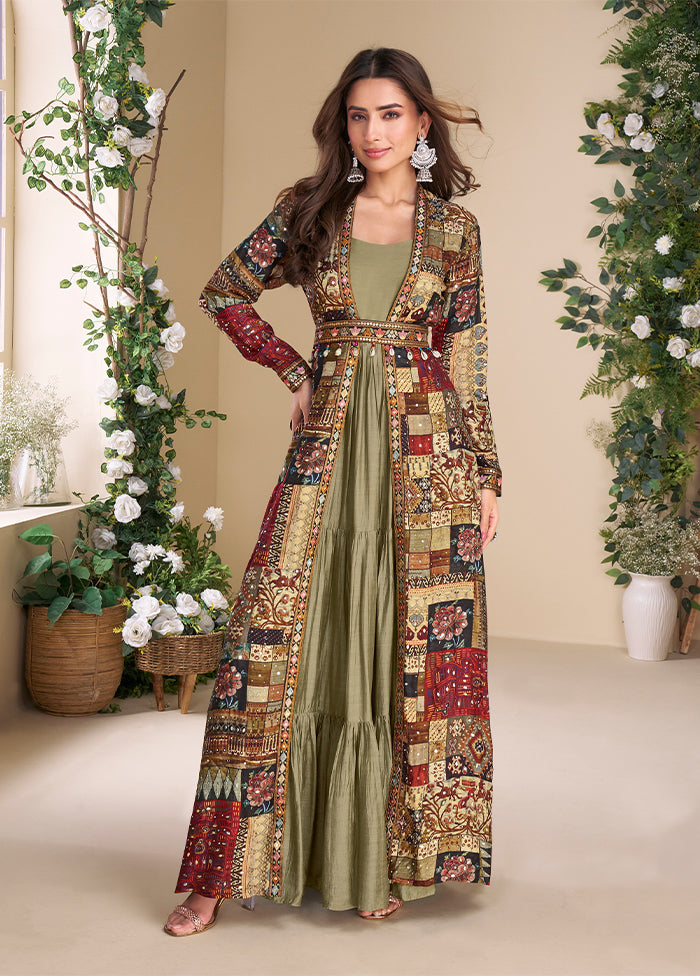 Green Embroidery Work Georgette Gown With Shrug Set