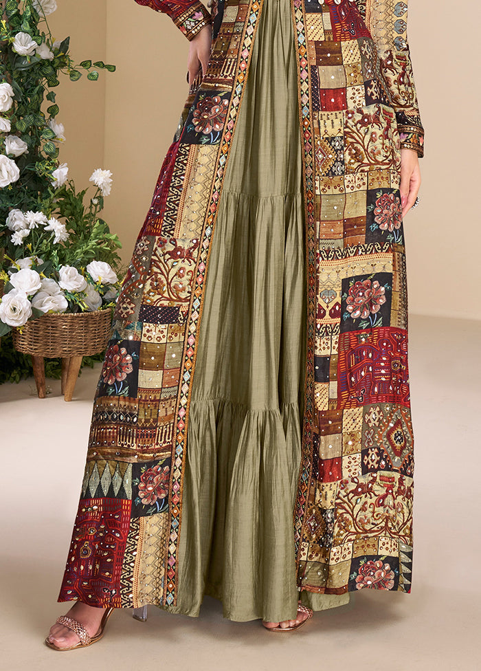 Green Embroidery Work Georgette Gown With Shrug Set