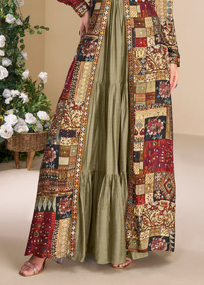 Green Embroidery Work Georgette Gown With Shrug Set