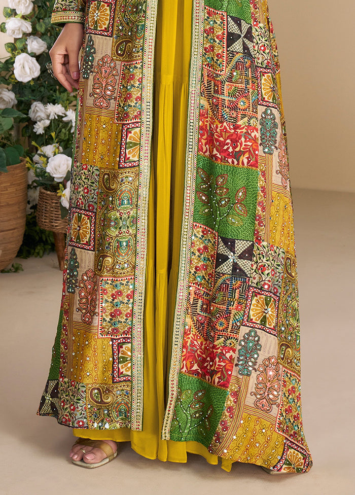 Yellow Embroidery Work Georgette Gown With Shrug Set