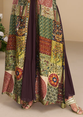Brown Embroidery Work Georgette Gown With Shrug Set