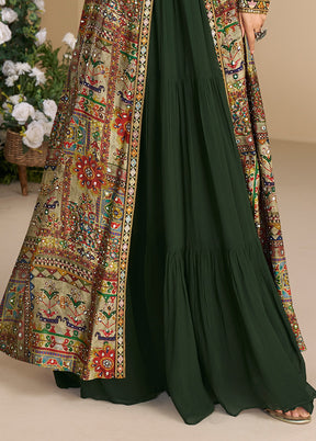 Green Embroidery Work Georgette Gown With Shrug Set