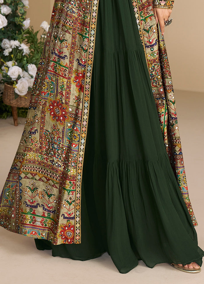Green Embroidery Work Georgette Gown With Shrug Set