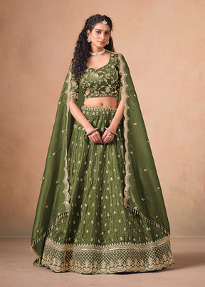 Green Blended Silk Lehenga Set
