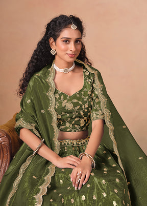 Green Blended Silk Lehenga Set