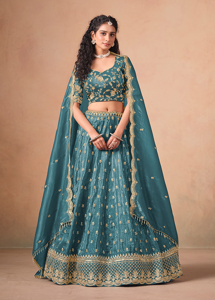 Blue Blended Silk Lehenga Set