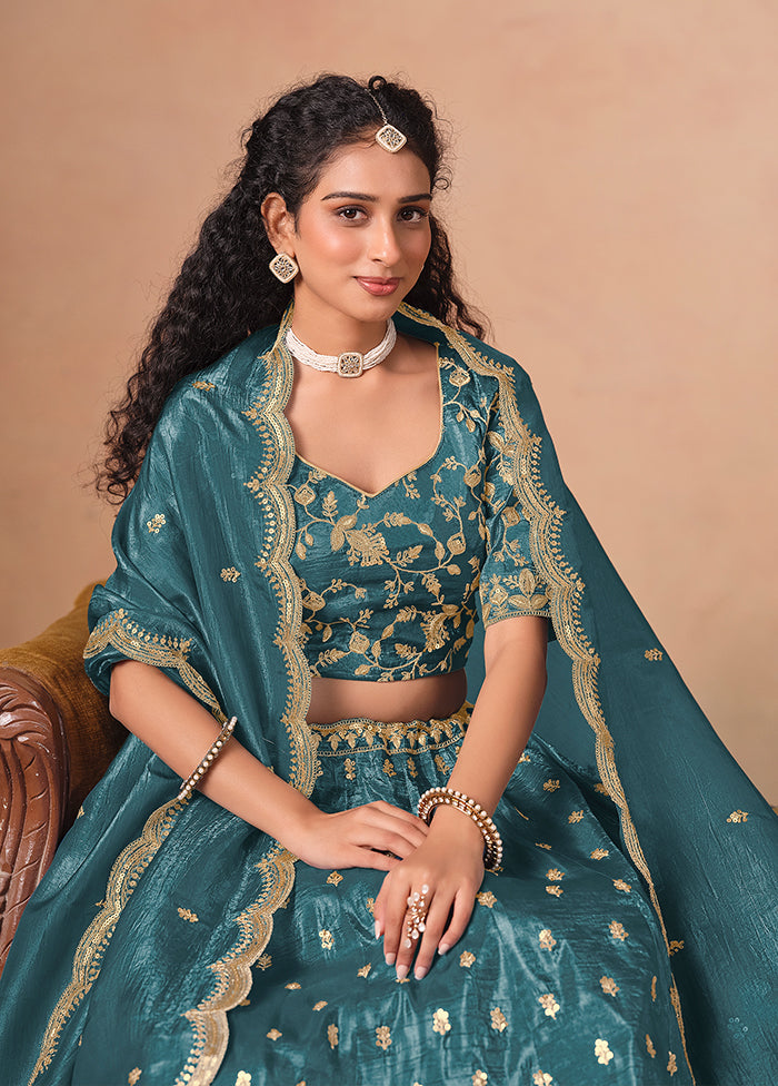 Blue Blended Silk Lehenga Set