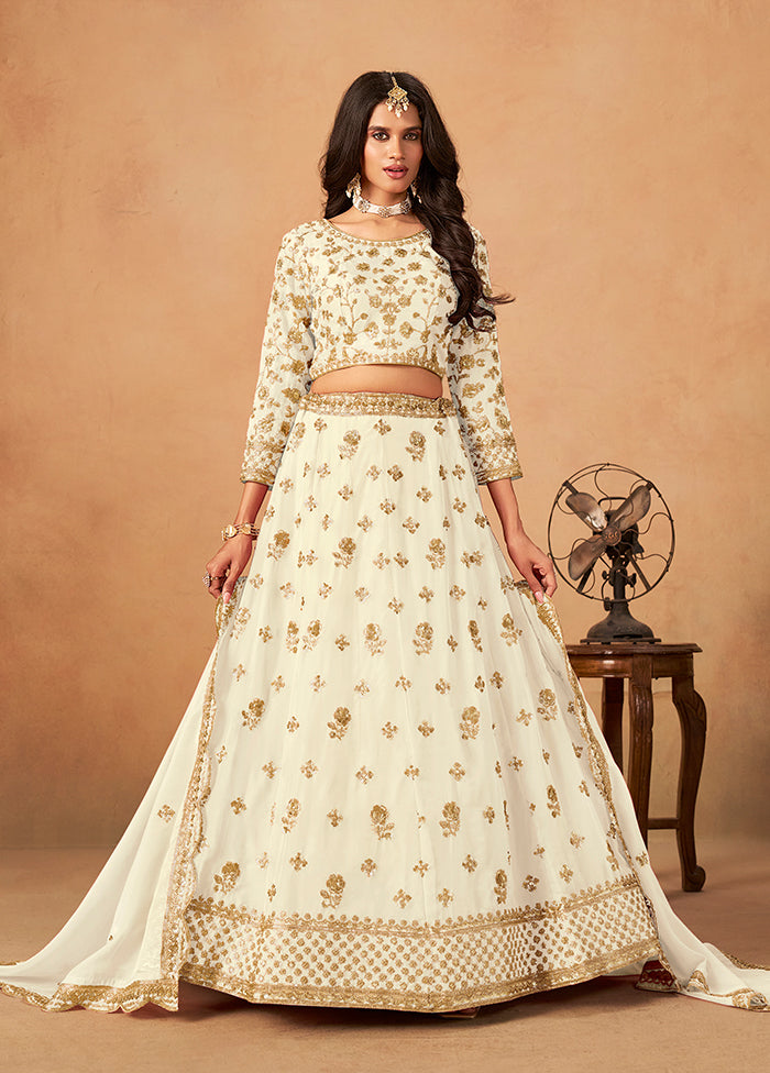 Cream Blended Silk Lehenga Set