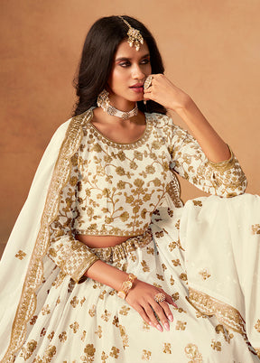 Cream Blended Silk Lehenga Set