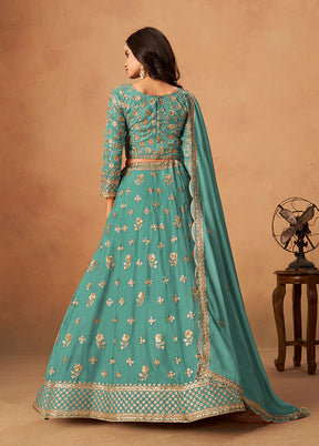 Green Blended Silk Lehenga Set
