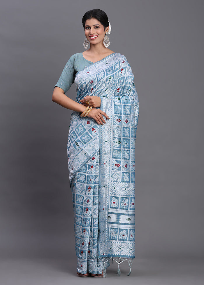 Blue Cotton Saree With Blouse Piece