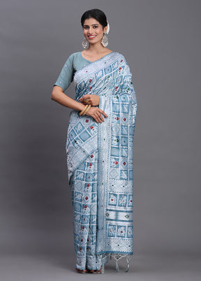 Blue Cotton Saree With Blouse Piece