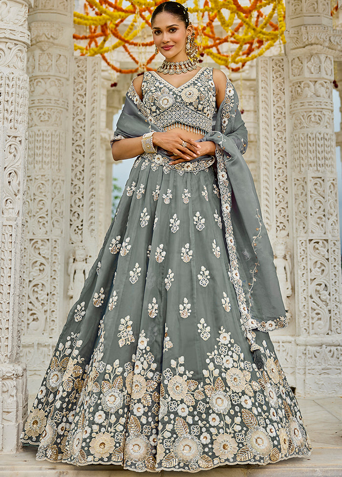 Grey Blended Silk Ready to wear Lehenga Set