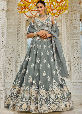 Grey Blended Silk Ready to wear Lehenga Set