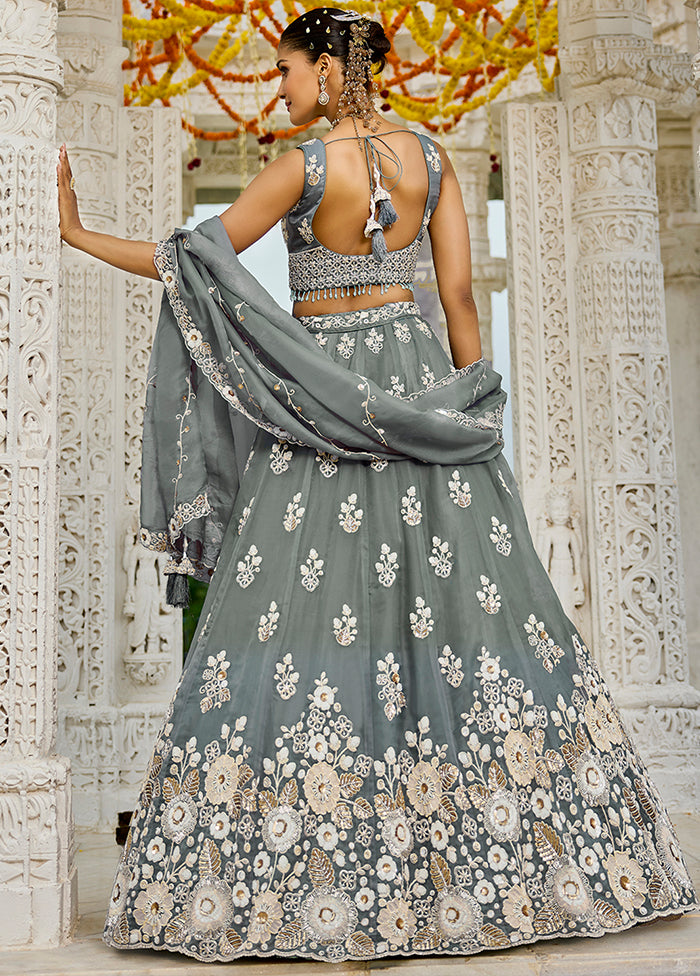 Grey Blended Silk Ready to wear Lehenga Set