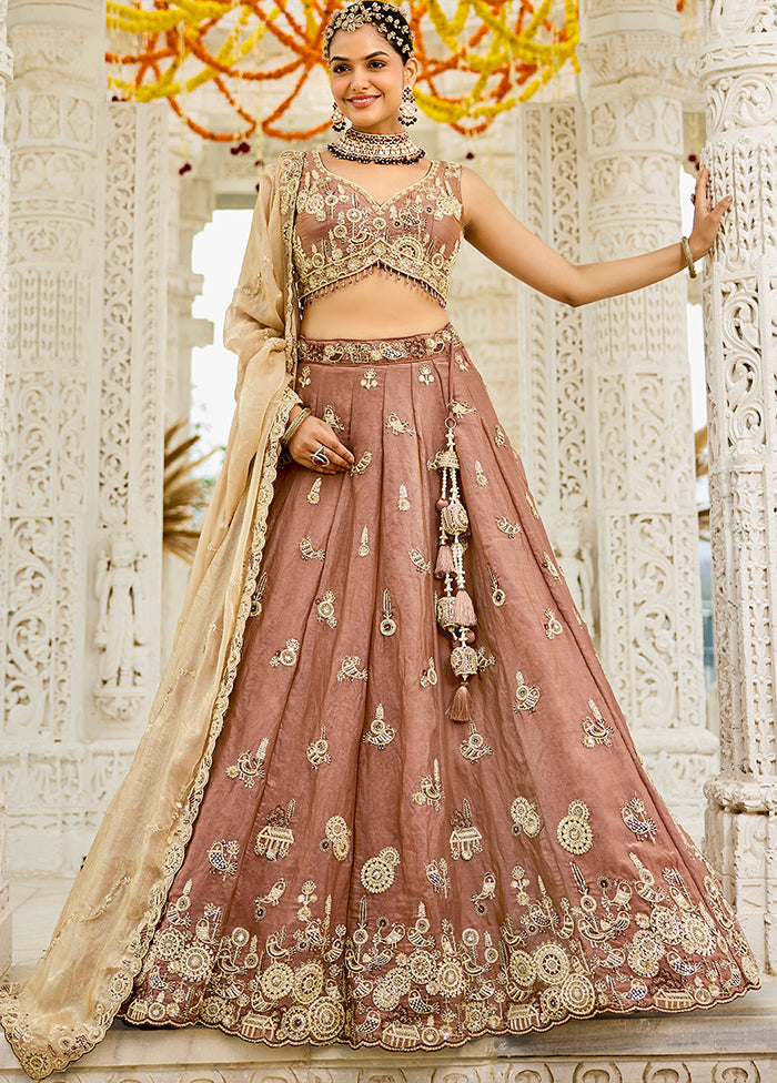 Brown Blended Silk Ready to wear Lehenga Set