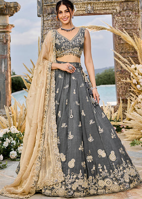 Grey Blended Silk Ready to wear Lehenga Set