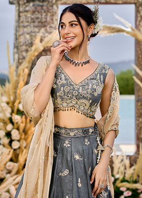 Grey Blended Silk Ready to wear Lehenga Set