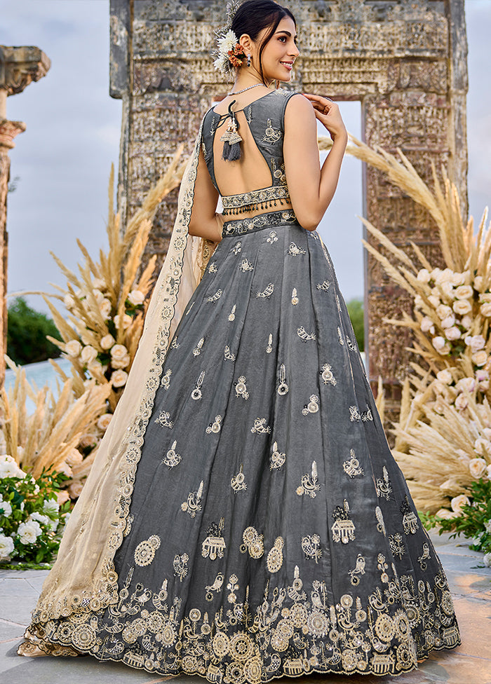 Grey Blended Silk Ready to wear Lehenga Set