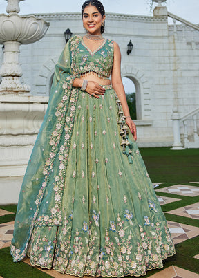Green Blended Silk Ready to wear Lehenga Set
