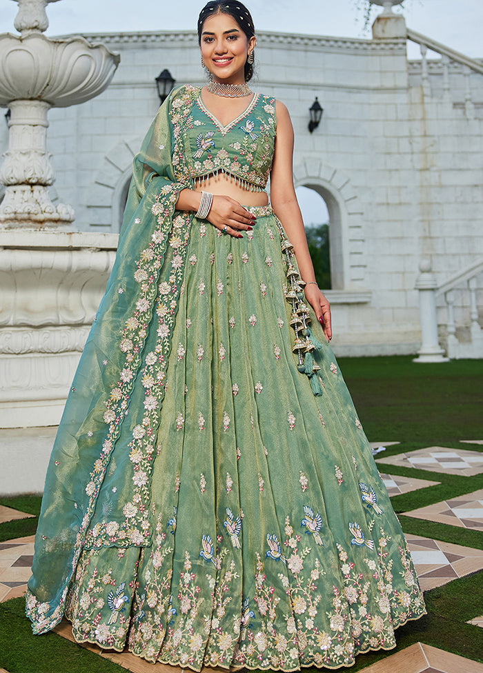 Green Blended Silk Ready to wear Lehenga Set