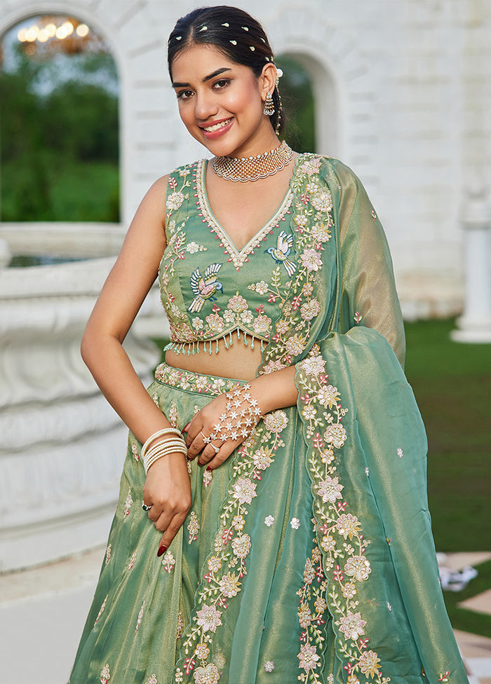 Green Blended Silk Ready to wear Lehenga Set
