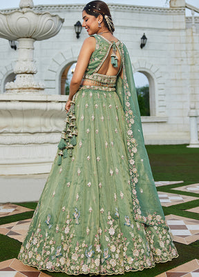 Green Blended Silk Ready to wear Lehenga Set
