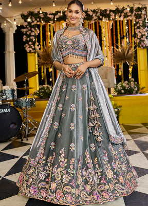 Green Blended Silk Ready to wear Lehenga Set