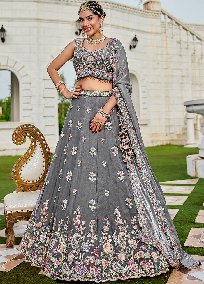 Grey Blended Silk Ready to wear Lehenga Set