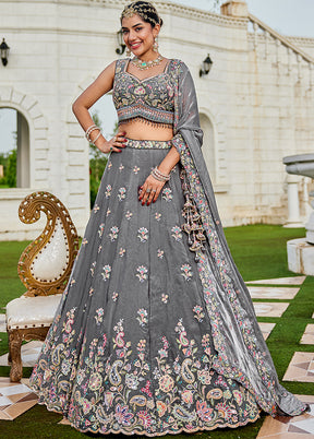 Grey Blended Silk Ready to wear Lehenga Set