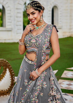 Grey Blended Silk Ready to wear Lehenga Set