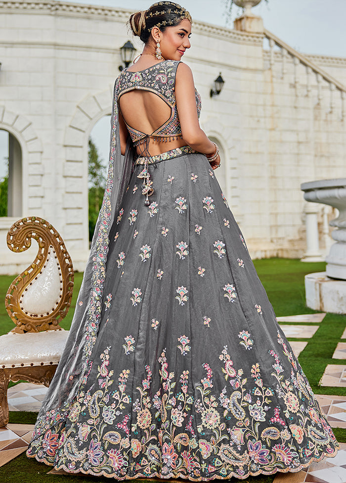 Grey Blended Silk Ready to wear Lehenga Set