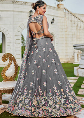 Grey Blended Silk Ready to wear Lehenga Set