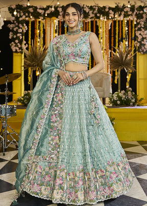 Green Blended Silk Lehenga Set