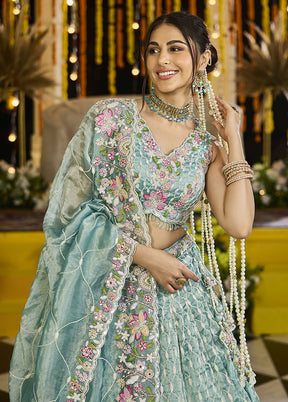 Green Blended Silk Lehenga Set