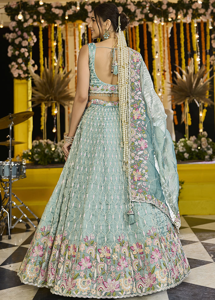Green Blended Silk Lehenga Set