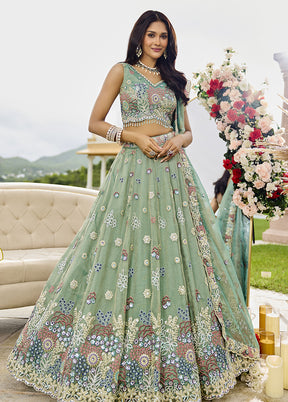 Green Blended Silk Lehenga Set