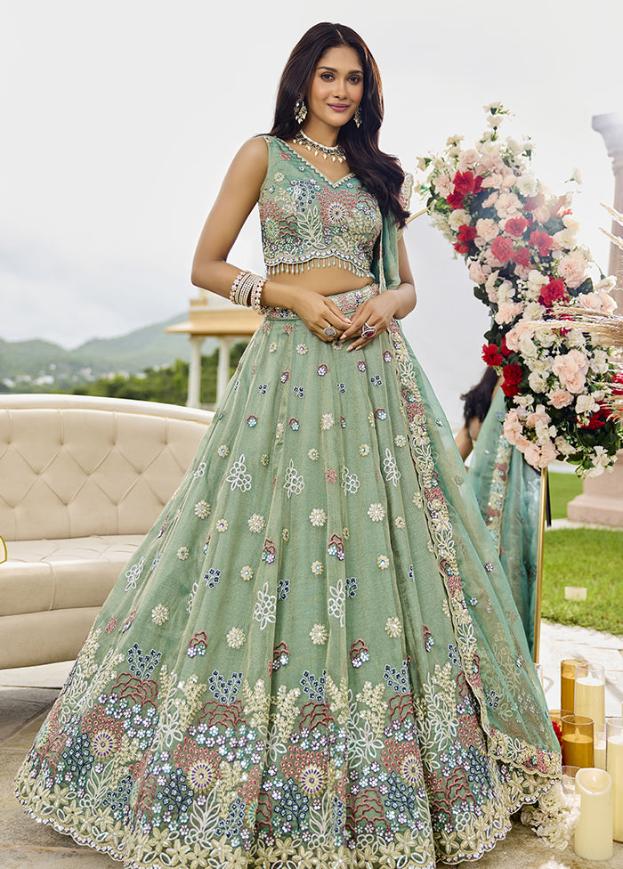 Green Blended Silk Lehenga Set
