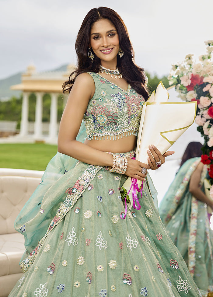 Green Blended Silk Lehenga Set