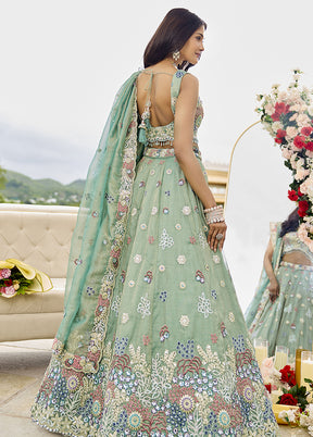 Green Blended Silk Lehenga Set
