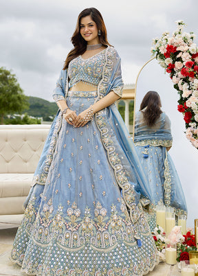 Blue Blended Silk Lehenga Set