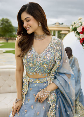 Blue Blended Silk Lehenga Set