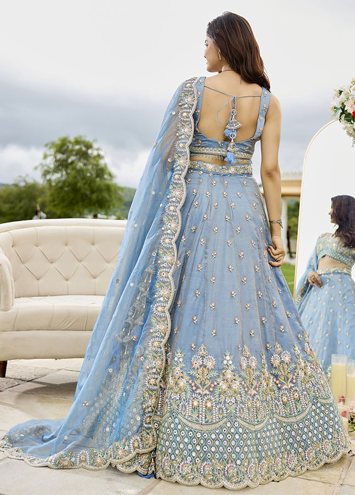 Blue Blended Silk Lehenga Set