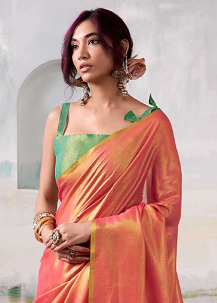 Peach Spun Silk Saree With Blouse Piece