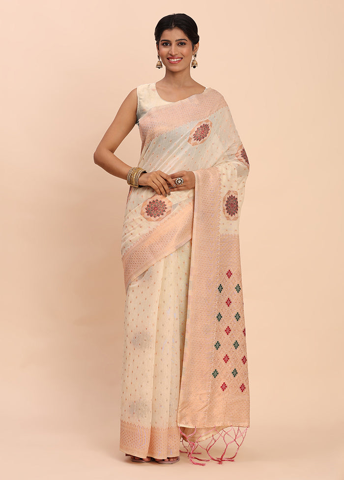 Cream Cotton Saree With Blouse Piece