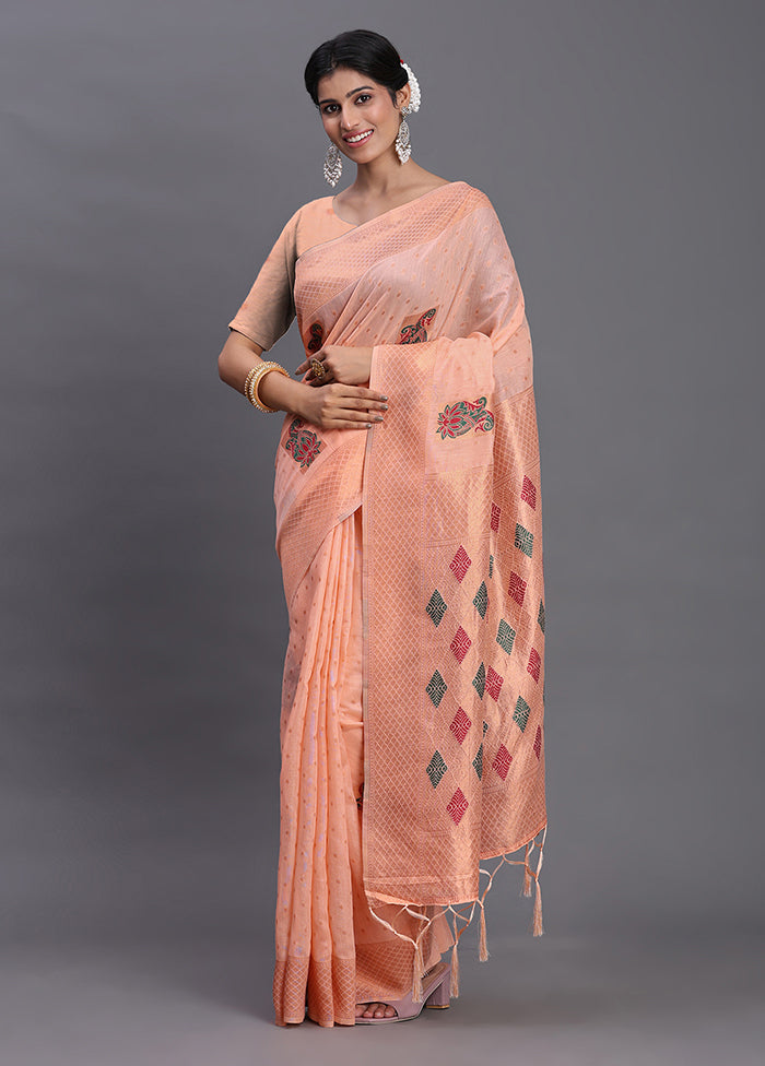 Peach Cotton Saree With Blouse Piece